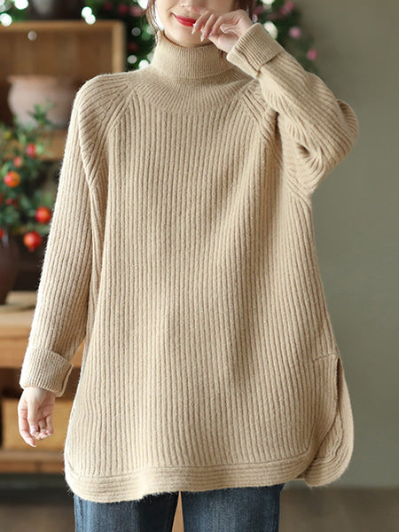 女性タートルネックスリット裾ルーズプルオーバーセーター