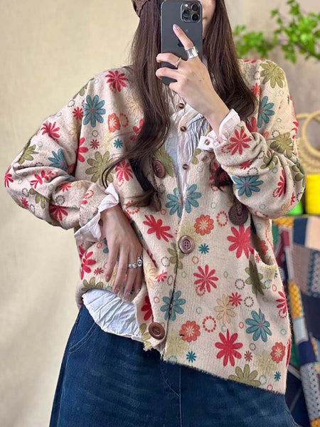 女性の花柄ニットルーズセーターコート