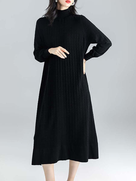 女性の冬ニットハーフハイカラールーズドレス