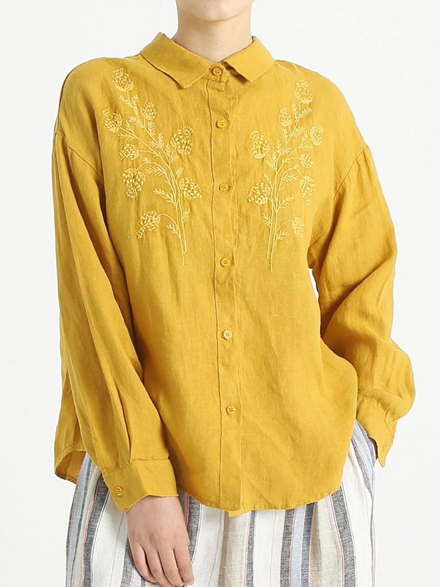 プラスサイズのターンダウンカラー長袖女性刺繍ルーズシャツ