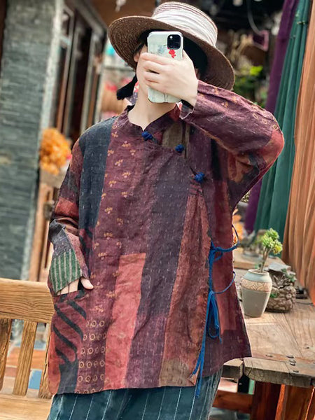 女性中国風巾着カエルスプライスシャツ