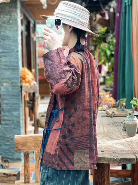 女性中国風巾着カエルスプライスシャツ