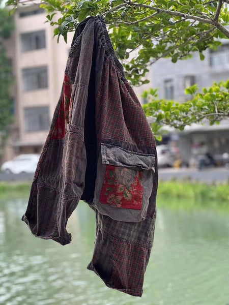 女性中国風パッチワークポケットルーズパンツ