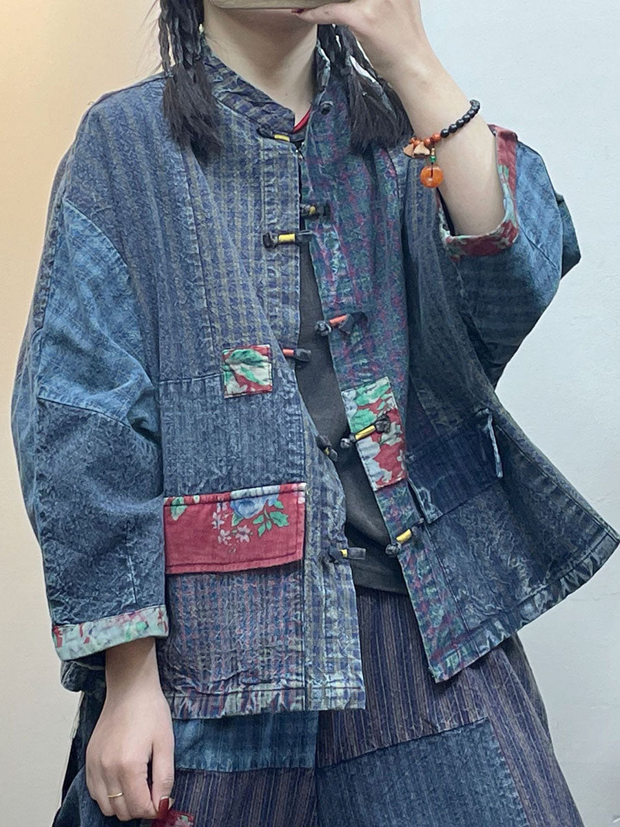 レディース ヴィンテージ パッチワーク カエル ポケット デニム シャツ