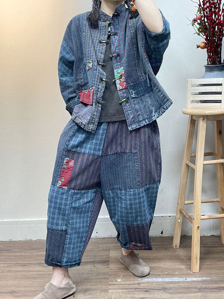 レディース ヴィンテージ パッチワーク カエル ポケット デニム シャツ