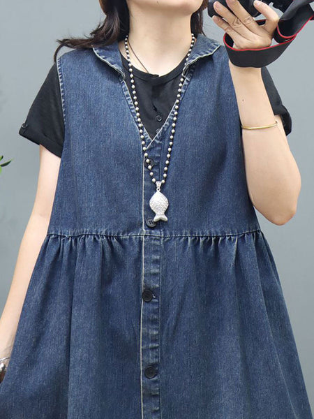 女性夏の芸術的カジュアルボタンベ​​ストドレス