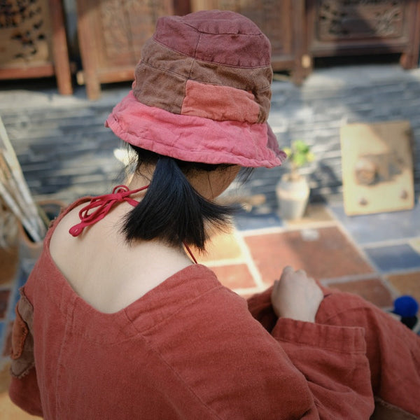 女性のレトロなソフトパッチワーク 100% リネン帽子
