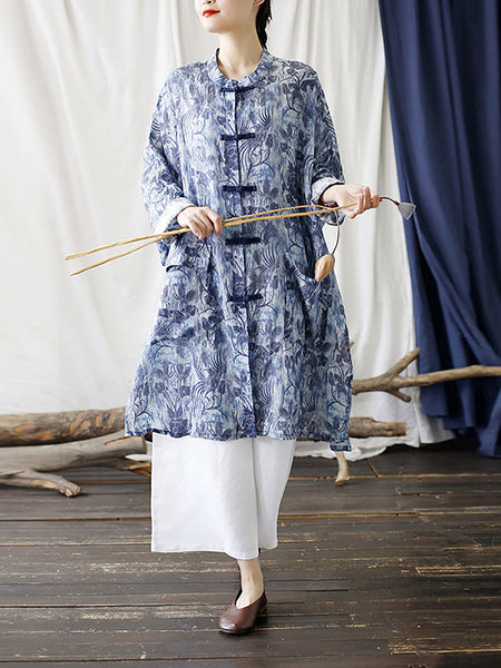 女性中国風花柄カエル Bule リネンシャツ