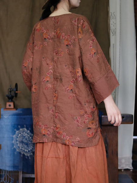 女性ヴィンテージ花柄スプリットヘムルーズリネンシャツ