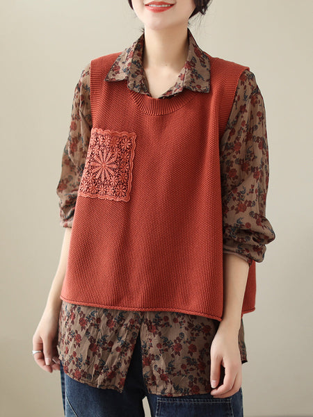 女性カジュアルニット刺繍パッチベスト