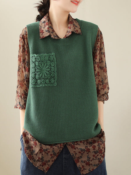 女性カジュアルニット刺繍パッチベスト