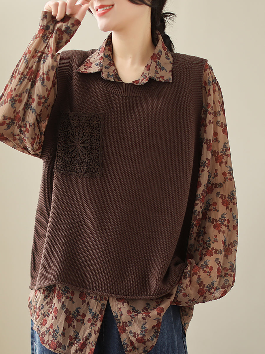 女性カジュアルニット刺繍パッチベスト