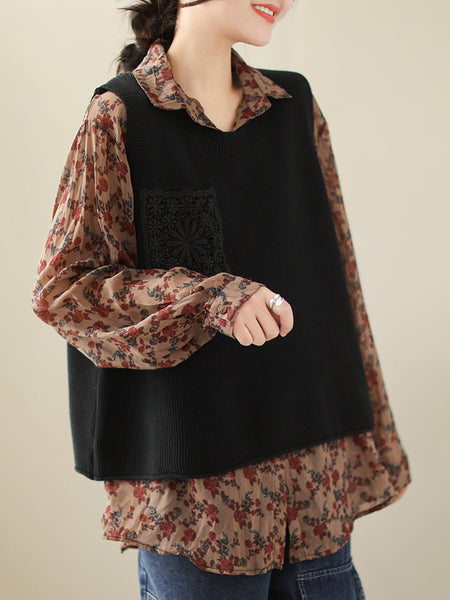 女性カジュアルニット刺繍パッチベスト