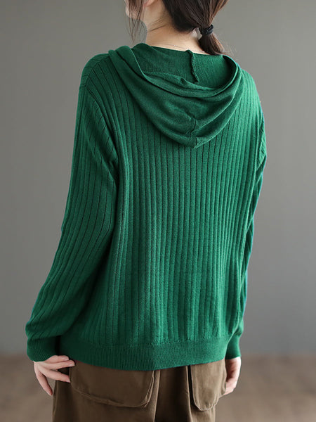 女性カジュアルニットソリッドボタンフード付きセーター