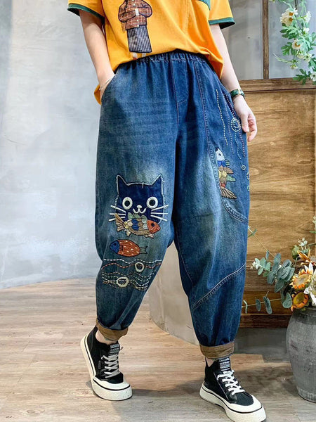 女性ヴィンテージかわいいパッチステッチハーレムパンツ