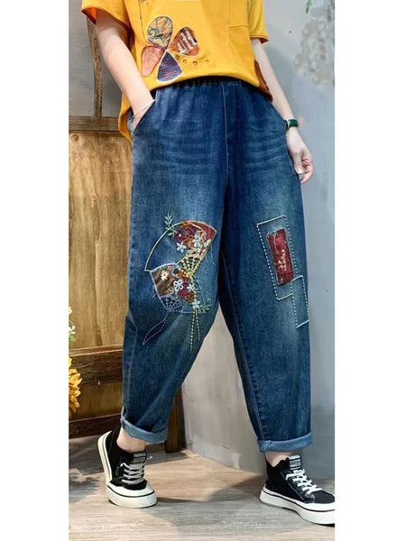 女性ヴィンテージかわいいパッチステッチハーレムパンツ