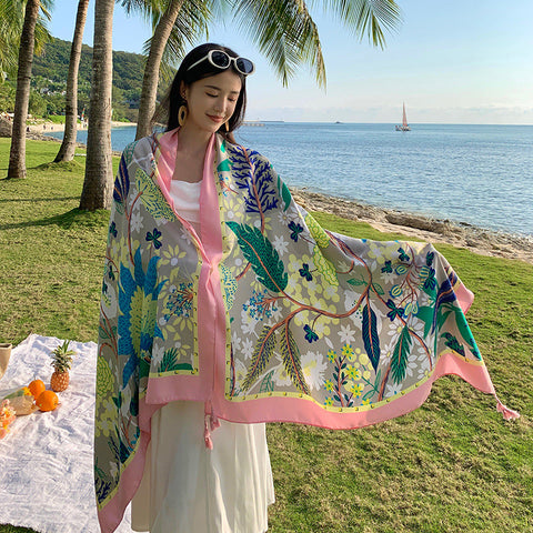 女性夏カジュアル植物プリント日焼け止めショールスカーフ