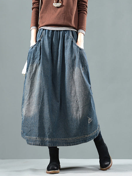 女性レトロフェードポケット弾性ウエストデニムスカート