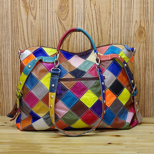 ファッションマルチカラーレザー菱形スプライシングハンドバッグ