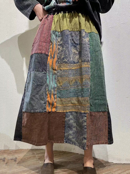 女性ヴィンテージマルチカラーパッチスプライススカート