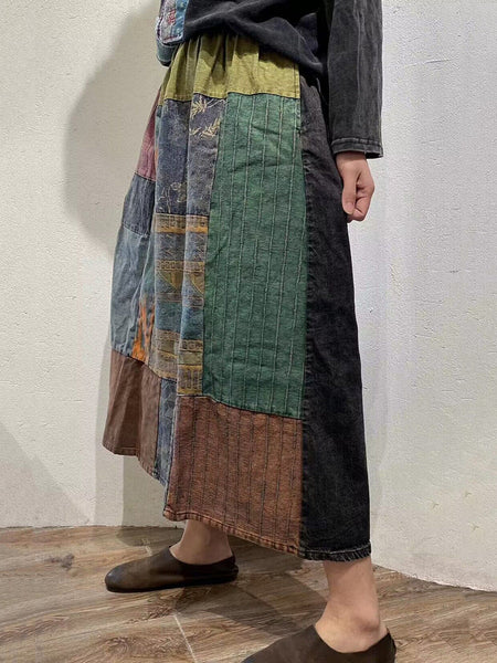 女性ヴィンテージマルチカラーパッチスプライススカート
