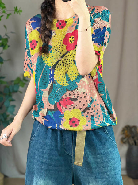 女性夏のヴィンテージ植物プリントルーズシャツ