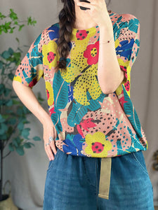 女性夏のヴィンテージ植物プリントルーズシャツ