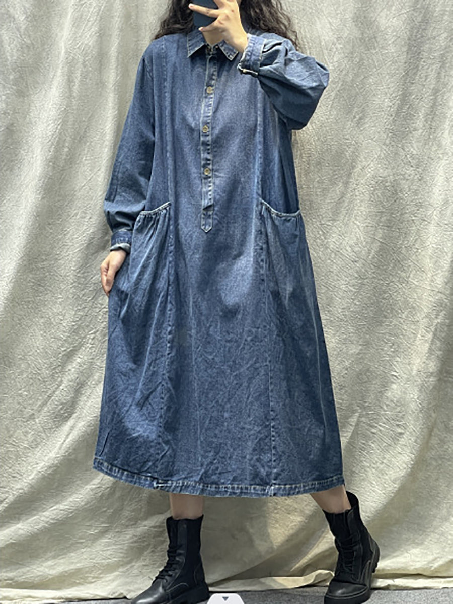 プラスサイズの女性の春のレトロなポケットボタンルーズデニムドレス