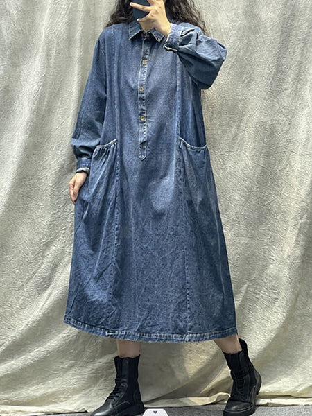プラスサイズの女性の春のレトロなポケットボタンルーズデニムドレス