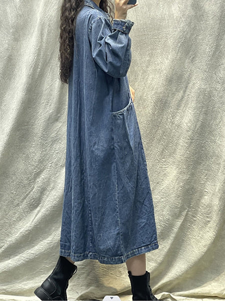 プラスサイズの女性の春のレトロなポケットボタンルーズデニムドレス