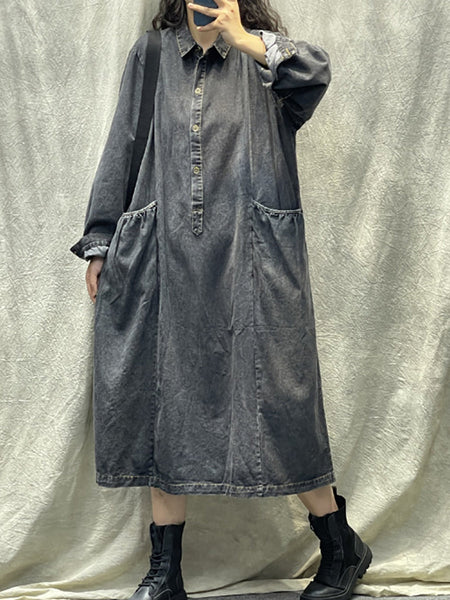 プラスサイズの女性の春のレトロなポケットボタンルーズデニムドレス