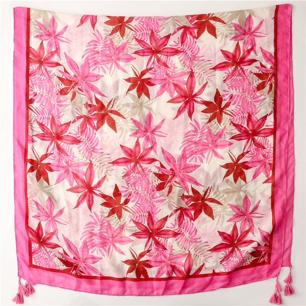 女性芸術家気のあるメープル リーフ プリント タッセル ピンク ショール スカーフ