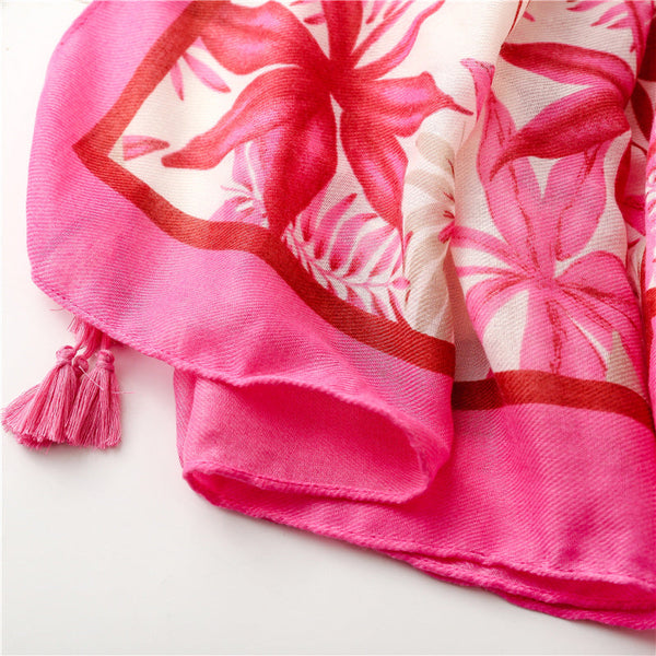 女性芸術家気のあるメープル リーフ プリント タッセル ピンク ショール スカーフ