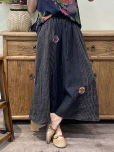 女性ヴィンテージストライプスプライスパッチルーズスカート