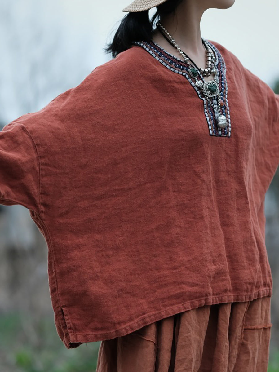 女性中国エスニックスプライシング刺繍 100% リネンシャツ