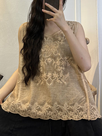 女性夏のヴィンテージ刺繍リップル裾ベスト