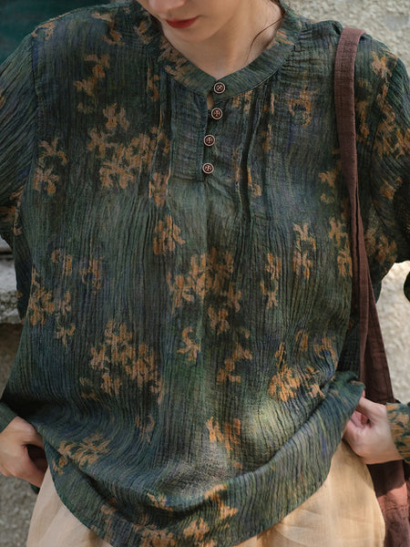 女性のアーティスティックフラワーシャーリングボタンルーズラミーシャツ