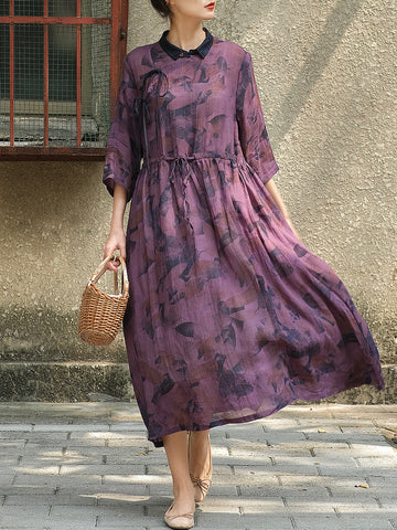 女性中国風の巾着プリントルーズドレス
