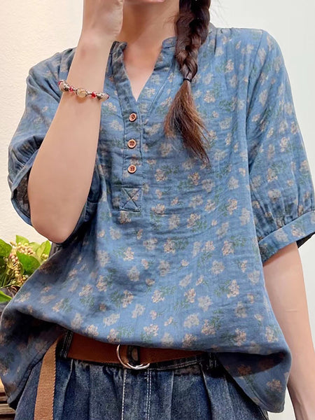 プラスサイズの女性の夏の芸術的な花ボタンルーズシャツ