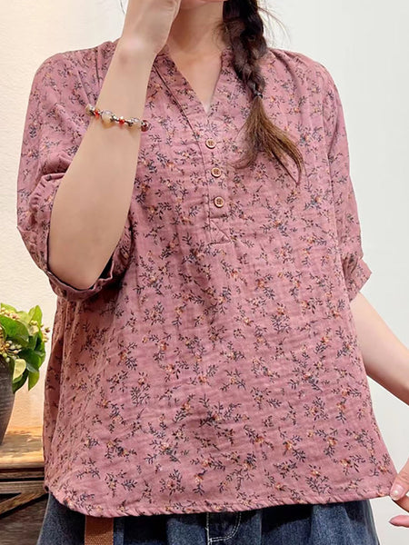 プラスサイズの女性の夏の芸術的な花ボタンルーズシャツ