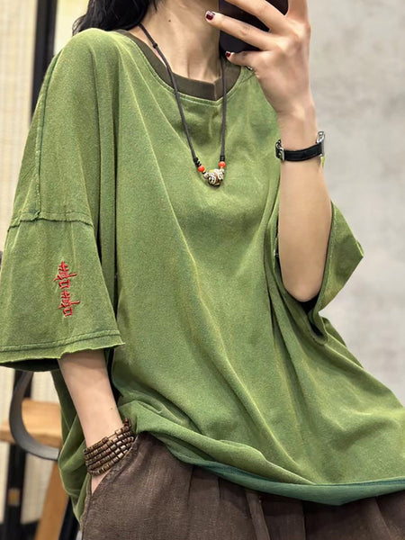 女性のレトロな刺繍スプライスされたルーズ T シャツ