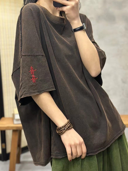 女性のレトロな刺繍スプライスされたルーズ T シャツ