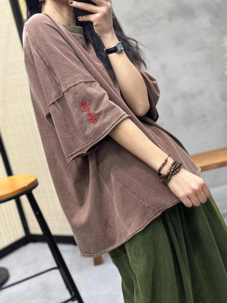 女性のレトロな刺繍スプライスされたルーズ T シャツ