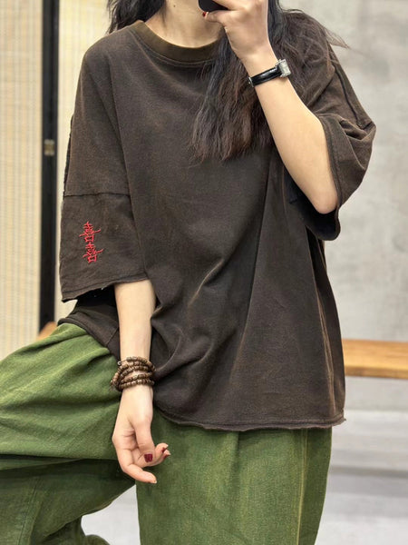 女性のレトロな刺繍スプライスされたルーズ T シャツ