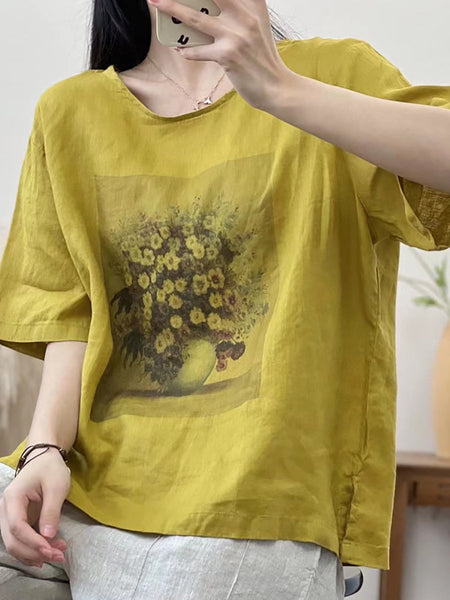 女性の芸術的なフラワープリントスプリットヘムルーズリネンシャツ