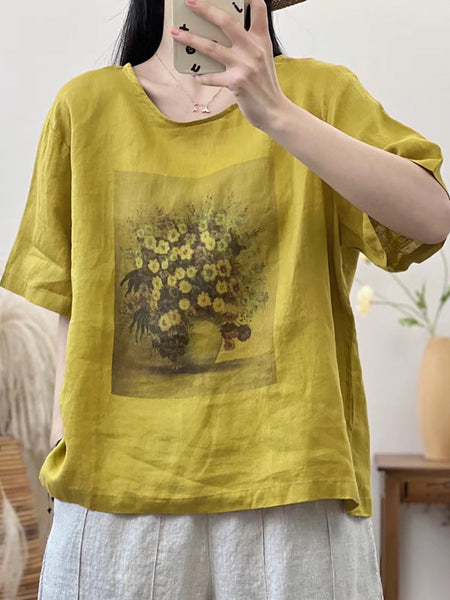 女性の芸術的なフラワープリントスプリットヘムルーズリネンシャツ