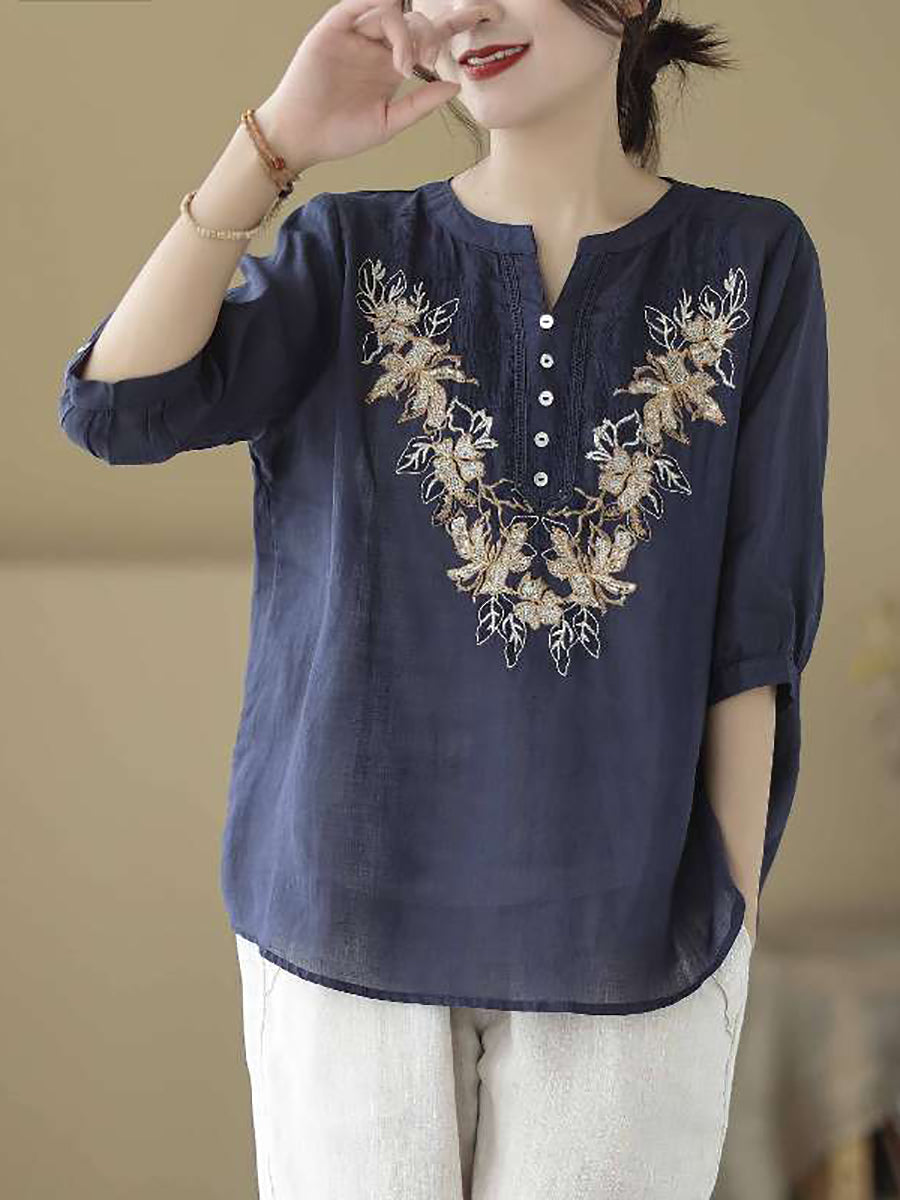 女性ヴィンテージサマーフラワー刺繍ラミーシャツ