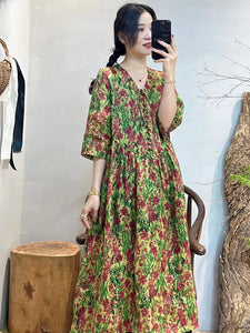 女性ヴィンテージ花ボタン巾着 V ネックドレス