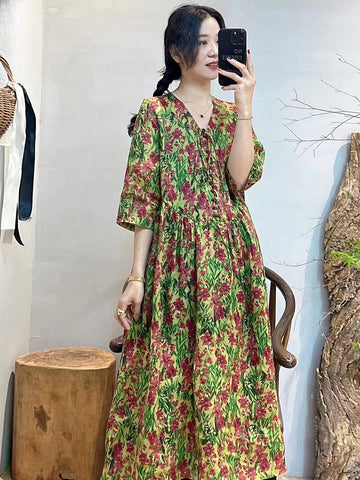 女性ヴィンテージ花ボタン巾着 V ネックドレス
