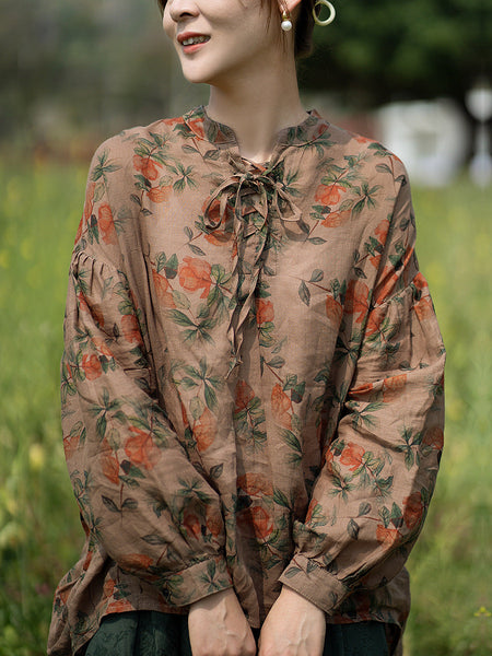 女性プレーリーシックアーティスティックローズ巾着ルーズシャツ